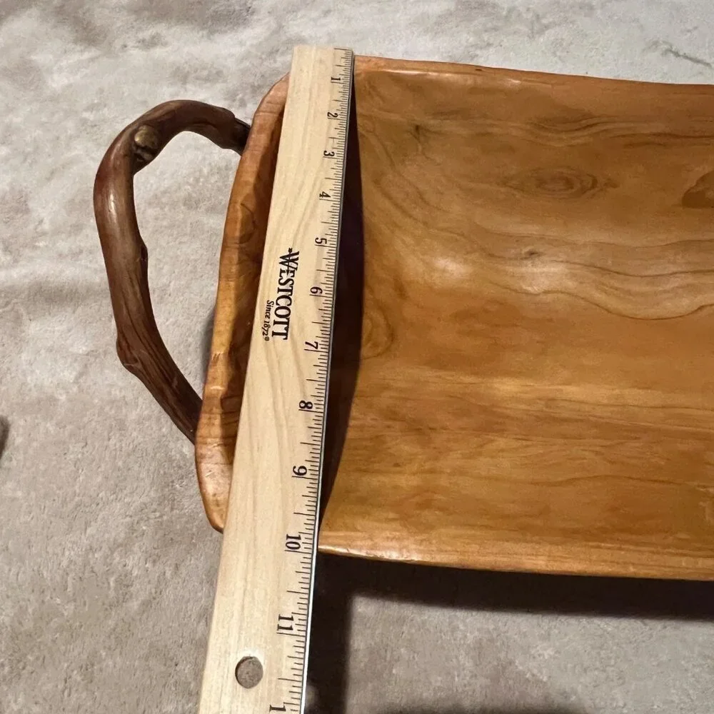 Hand Carved Burl Wood Handled Bowl/ Basket Rustic Exotic Resort Bread Fruit Trin